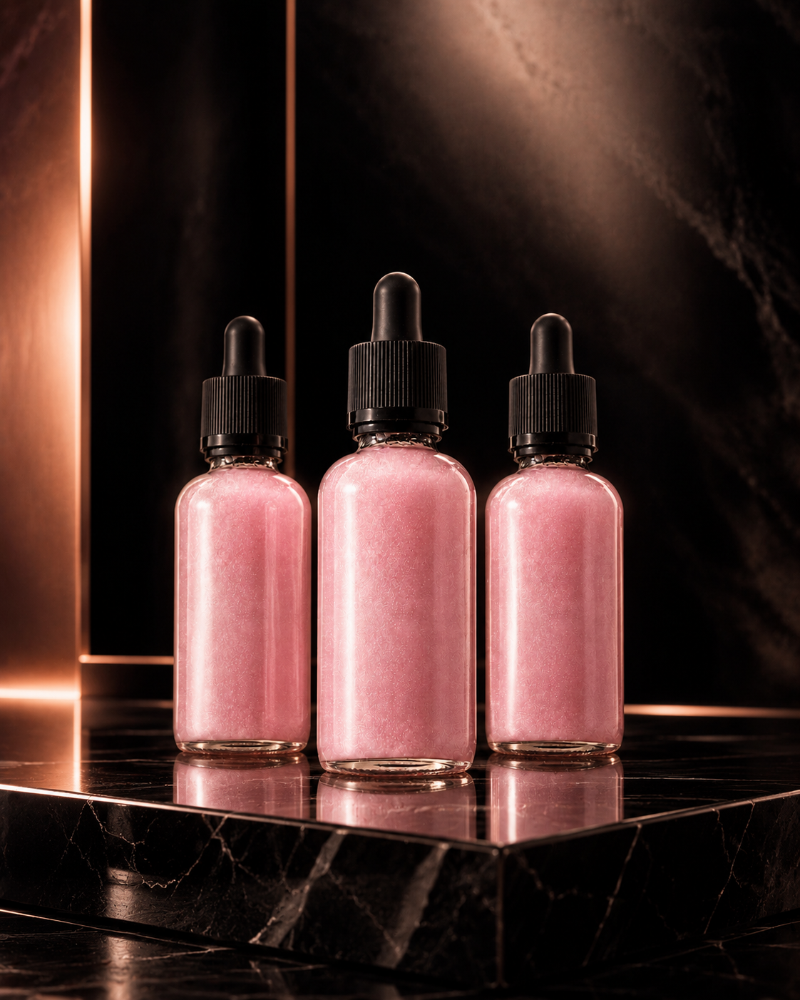C—Bombs bottles presented on a black stone table with warm luxury lighting