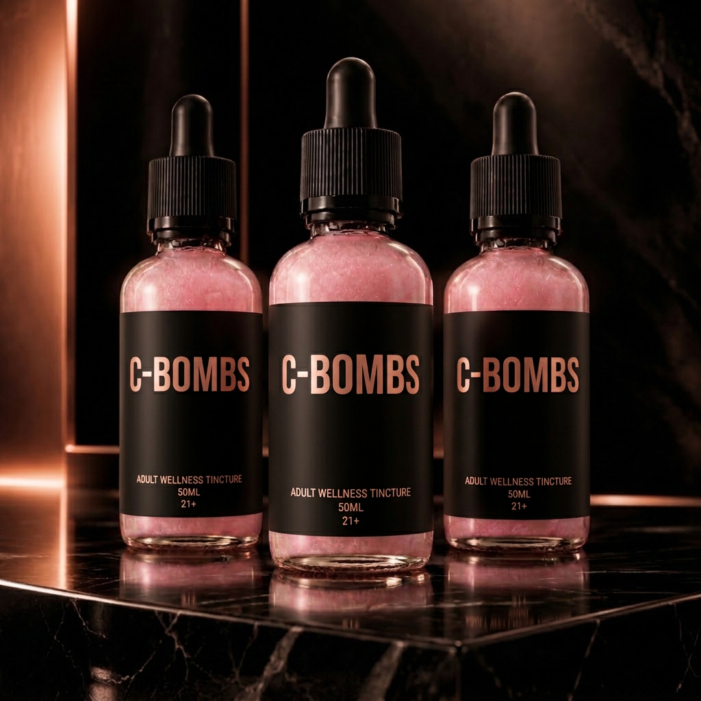 Three C—BOMB adult wellness tincture bottles presented on black stone with warm copper lighting
