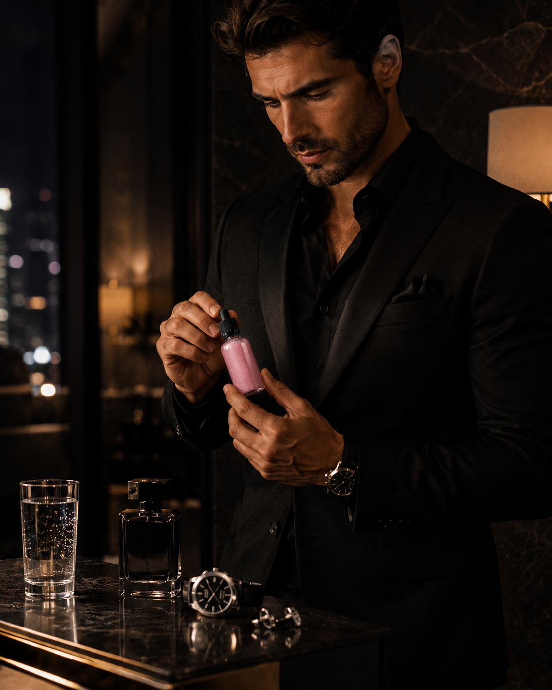 Man holding the C—Bombs bottle in an elevated evening setting