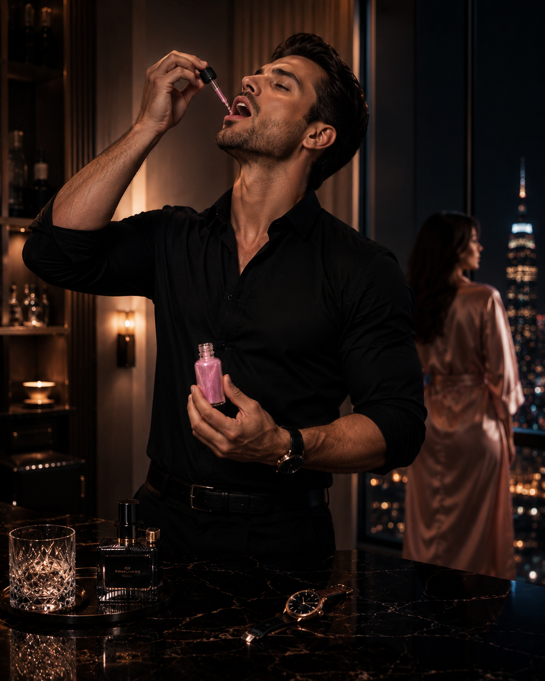 Man taking C—Bombs in a luxury skyline setting at night